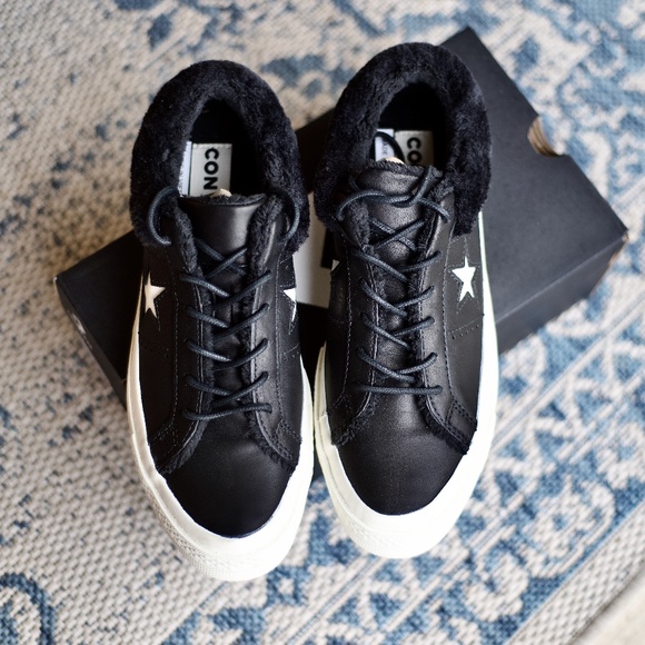 Converse Shoes - NWOT Converse One Star Ox Black Leather Faux Fur Sneakers 8